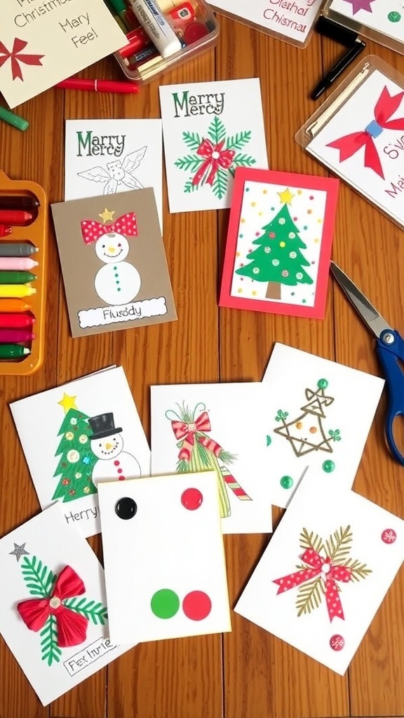 A variety of handmade Christmas cards with different designs and decorations on a crafting table.